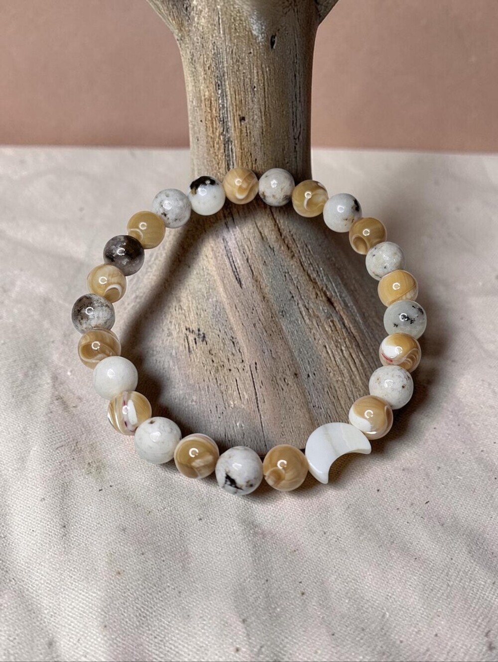 Neutral Beige and White Natural Stone Stretch Bracelet
